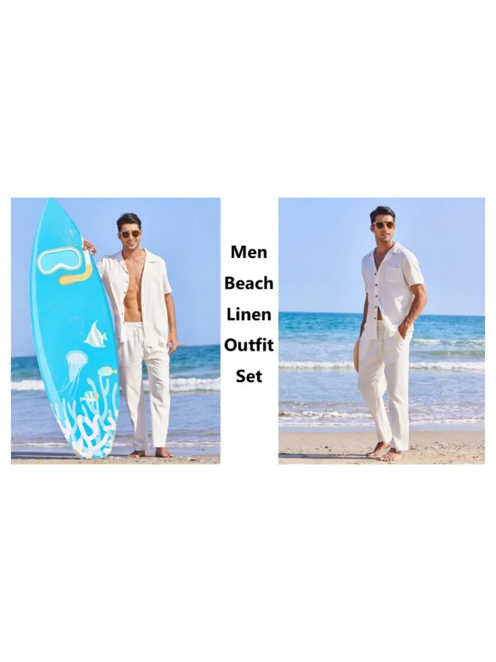 Men 2 Piece Linen Outfit Beach Button Down Shirt Casual Loose Pant Sets